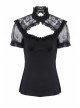 Lace High Collar Bubble Sleeve Backless Black Gothic Knit T-Shirt