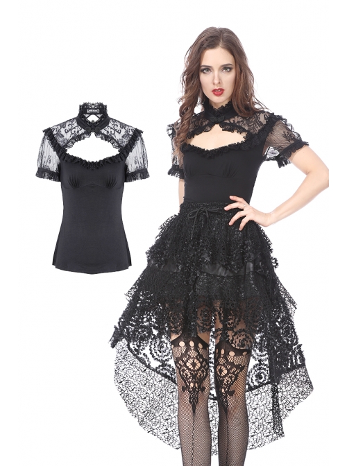 Lace High Collar Bubble Sleeve Backless Black Gothic Knit T-Shirt