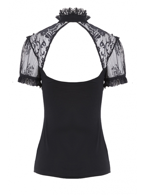 Lace High Collar Bubble Sleeve Backless Black Gothic Knit T-Shirt
