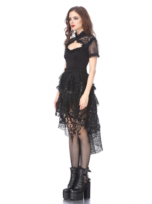 Lace High Collar Bubble Sleeve Backless Black Gothic Knit T-Shirt