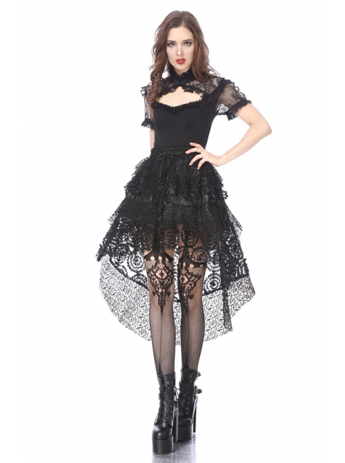 Lace High Collar Bubble Sleeve Backless Black Gothic Knit T-Shirt