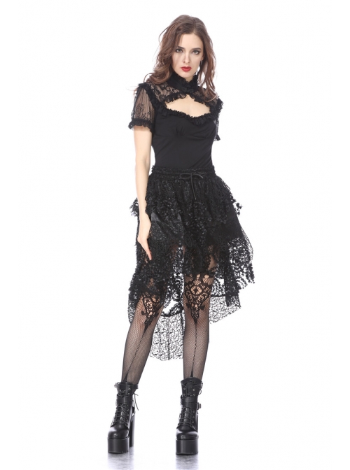 Lace High Collar Bubble Sleeve Backless Black Gothic Knit T-Shirt