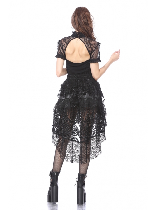 Lace High Collar Bubble Sleeve Backless Black Gothic Knit T-Shirt