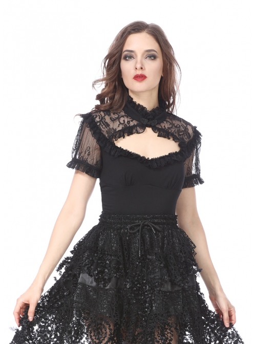 Lace High Collar Bubble Sleeve Backless Black Gothic Knit T-Shirt