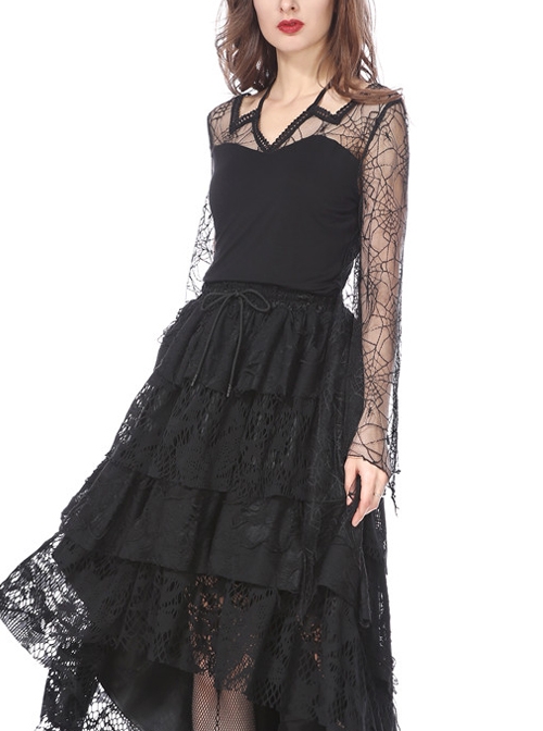 Back Lace-Up Lace Bat Sleeves Black Gothic Knit Halter T-Shirt