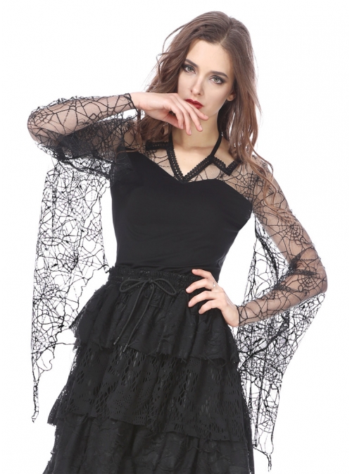 Back Lace-Up Lace Bat Sleeves Black Gothic Knit Halter T-Shirt