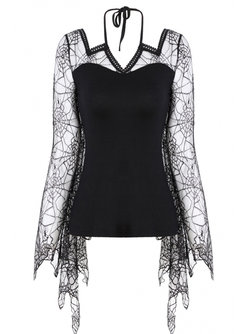 Back Lace-Up Lace Bat Sleeves Black Gothic Knit Halter T-Shirt