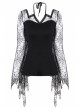 Back Lace-Up Lace Bat Sleeves Black Gothic Knit Halter T-Shirt