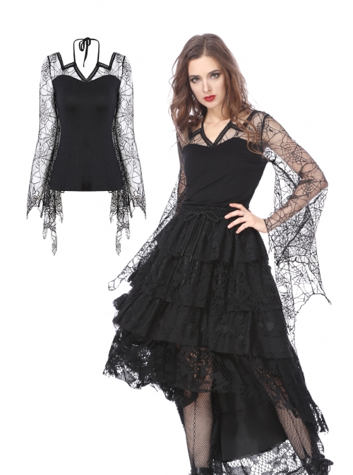 Back Lace-Up Lace Bat Sleeves Black Gothic Knit Halter T-Shirt