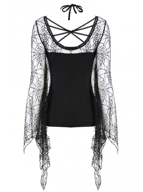 Back Lace-Up Lace Bat Sleeves Black Gothic Knit Halter T-Shirt