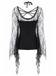Back Lace-Up Lace Bat Sleeves Black Gothic Knit Halter T-Shirt