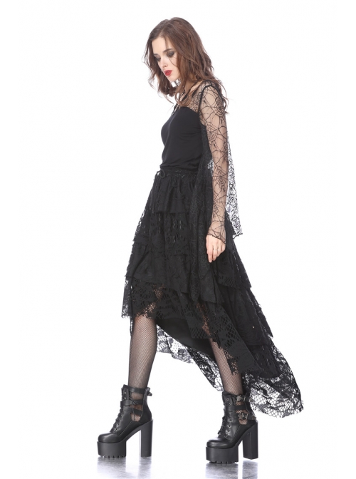 Back Lace-Up Lace Bat Sleeves Black Gothic Knit Halter T-Shirt