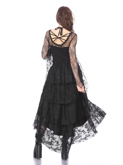 Back Lace-Up Lace Bat Sleeves Black Gothic Knit Halter T-Shirt