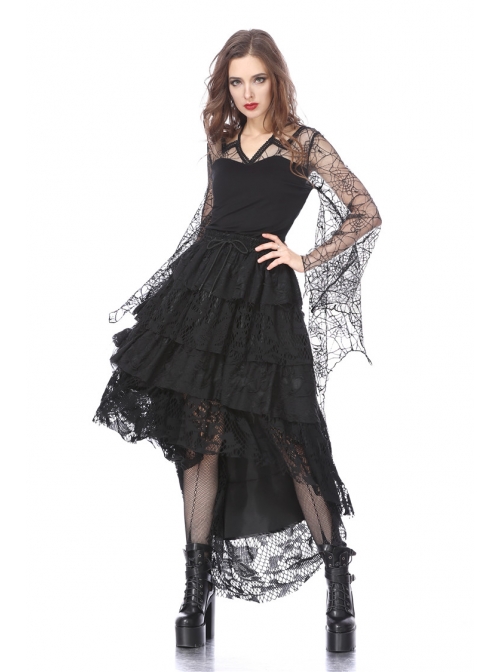 Back Lace-Up Lace Bat Sleeves Black Gothic Knit Halter T-Shirt