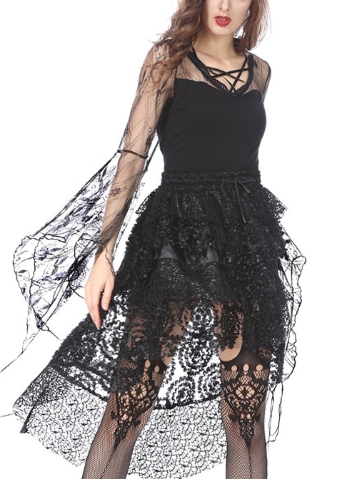 Front Lace-Up Transparent Lace Big Sleeves Black Gothic T-Shirt