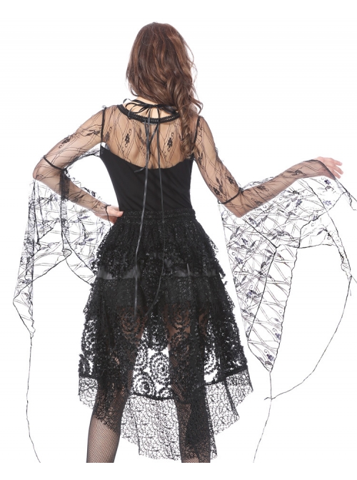 Front Lace-Up Transparent Lace Big Sleeves Black Gothic T-Shirt