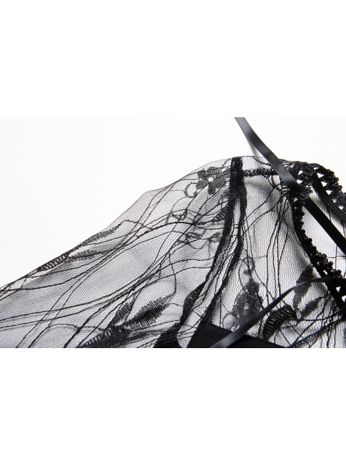 Front Lace-Up Transparent Lace Big Sleeves Black Gothic T-Shirt