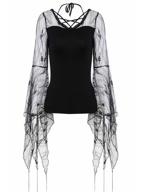 Front Lace-Up Transparent Lace Big Sleeves Black Gothic T-Shirt