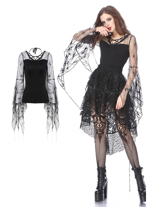 Front Lace-Up Transparent Lace Big Sleeves Black Gothic T-Shirt