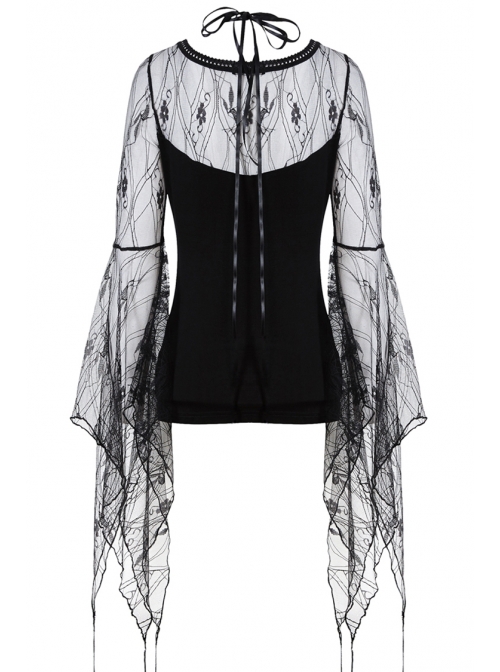 Front Lace-Up Transparent Lace Big Sleeves Black Gothic T-Shirt