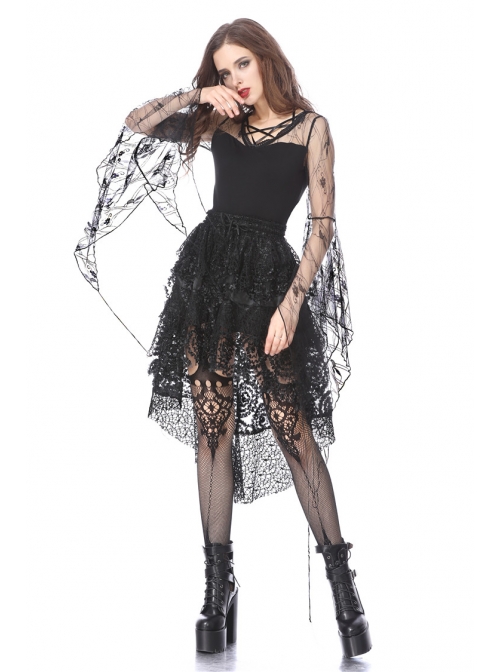 Front Lace-Up Transparent Lace Big Sleeves Black Gothic T-Shirt