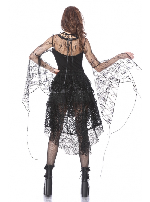 Front Lace-Up Transparent Lace Big Sleeves Black Gothic T-Shirt