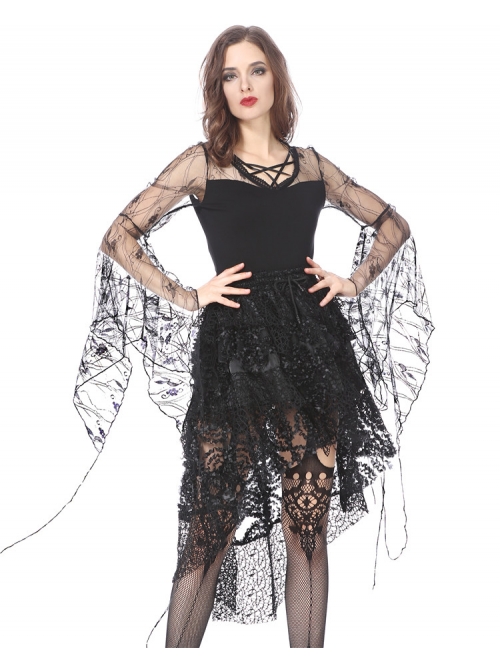 Front Lace-Up Transparent Lace Big Sleeves Black Gothic T-Shirt