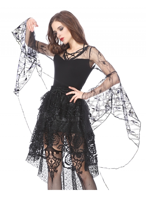 Front Lace-Up Transparent Lace Big Sleeves Black Gothic T-Shirt