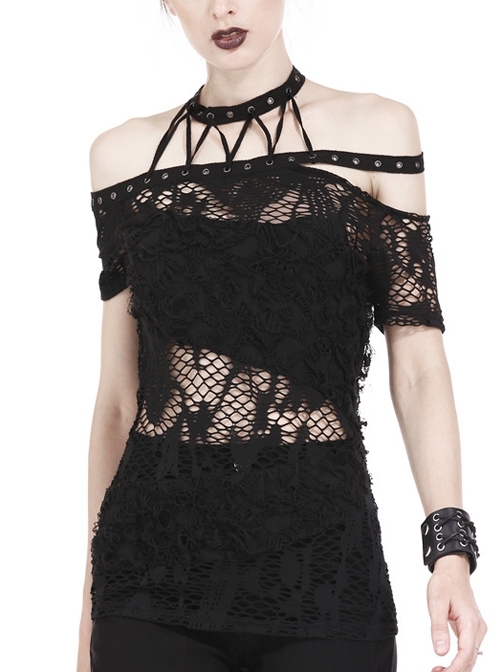 Off-Shoulder Metal Eyelets Strap Short Sleeve Black Punk Lace Mesh Halter T-Shirt