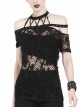 Off-Shoulder Metal Eyelets Strap Short Sleeve Black Punk Lace Mesh Halter T-Shirt