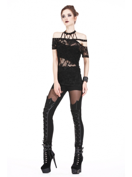 Off-Shoulder Metal Eyelets Strap Short Sleeve Black Punk Lace Mesh Halter T-Shirt