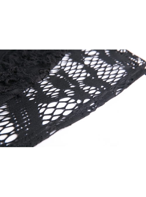 Off-Shoulder Metal Eyelets Strap Short Sleeve Black Punk Lace Mesh Halter T-Shirt