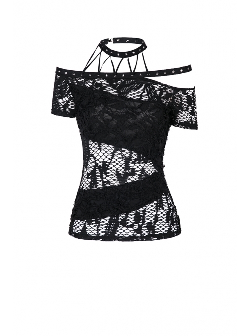 Off-Shoulder Metal Eyelets Strap Short Sleeve Black Punk Lace Mesh Halter T-Shirt