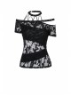 Off-Shoulder Metal Eyelets Strap Short Sleeve Black Punk Lace Mesh Halter T-Shirt