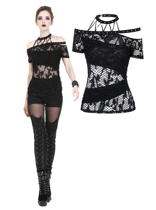 Off-Shoulder Metal Eyelets Strap Short Sleeve Black Punk Lace Mesh Halter T-Shirt