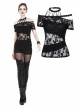 Off-Shoulder Metal Eyelets Strap Short Sleeve Black Punk Lace Mesh Halter T-Shirt