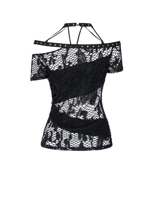 Off-Shoulder Metal Eyelets Strap Short Sleeve Black Punk Lace Mesh Halter T-Shirt