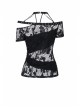 Off-Shoulder Metal Eyelets Strap Short Sleeve Black Punk Lace Mesh Halter T-Shirt