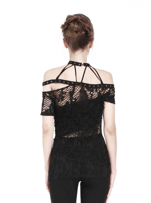 Off-Shoulder Metal Eyelets Strap Short Sleeve Black Punk Lace Mesh Halter T-Shirt