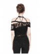 Off-Shoulder Metal Eyelets Strap Short Sleeve Black Punk Lace Mesh Halter T-Shirt