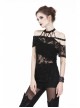 Off-Shoulder Metal Eyelets Strap Short Sleeve Black Punk Lace Mesh Halter T-Shirt