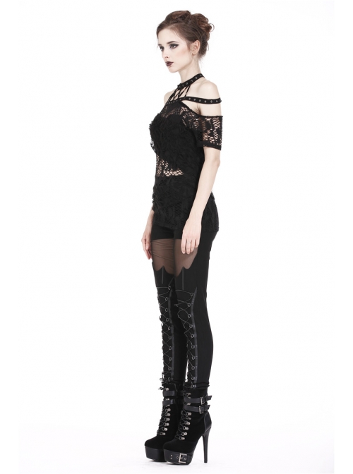 Off-Shoulder Metal Eyelets Strap Short Sleeve Black Punk Lace Mesh Halter T-Shirt