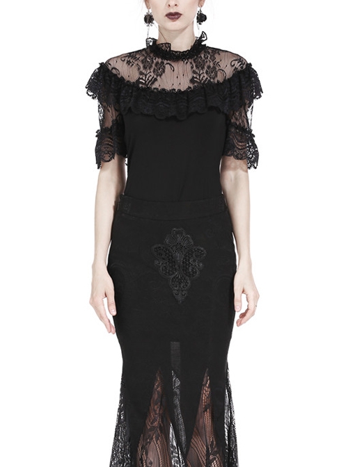Lace Collar Front Chest Frill Short Sleeve Black Gothic Knit T-Shirt