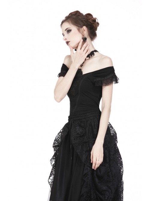 One-Word Shoulder Lace Cuff Front Chest Embroidery Decals Black Gothic Knit T-Shirt