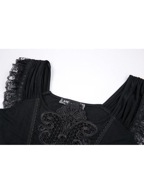 One-Word Shoulder Lace Cuff Front Chest Embroidery Decals Black Gothic Knit T-Shirt