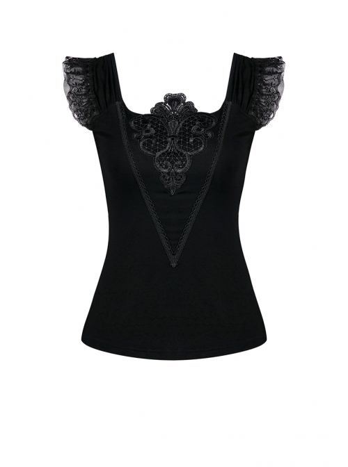 One-Word Shoulder Lace Cuff Front Chest Embroidery Decals Black Gothic Knit T-Shirt