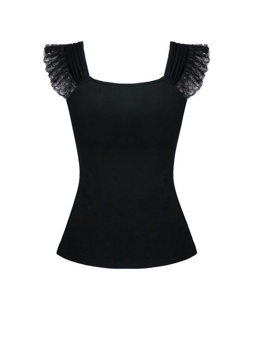 One-Word Shoulder Lace Cuff Front Chest Embroidery Decals Black Gothic Knit T-Shirt