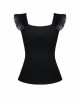 One-Word Shoulder Lace Cuff Front Chest Embroidery Decals Black Gothic Knit T-Shirt