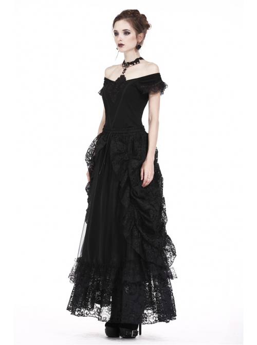 One-Word Shoulder Lace Cuff Front Chest Embroidery Decals Black Gothic Knit T-Shirt