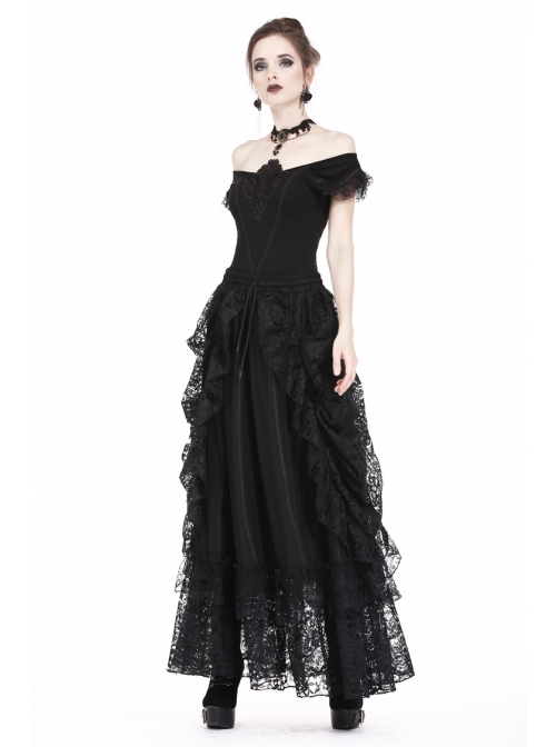 One-Word Shoulder Lace Cuff Front Chest Embroidery Decals Black Gothic Knit T-Shirt